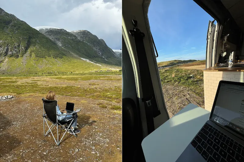 Arbeiten im Van - Laptop auf kleinen Schreibtisch. Und Frau sitzt in Campingstuhl mit Laptop auf dem Schoß umgeben von Bergkulissen