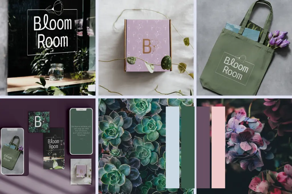 Übersicht eines Corporate Design mit Logo Design Farben & Schriften für ein Blumenladen