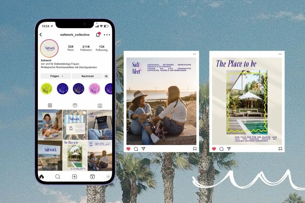 Instagram-Profil und Beiträge im Branding von Saltwork Collective, erstellt mit Canva-Templates